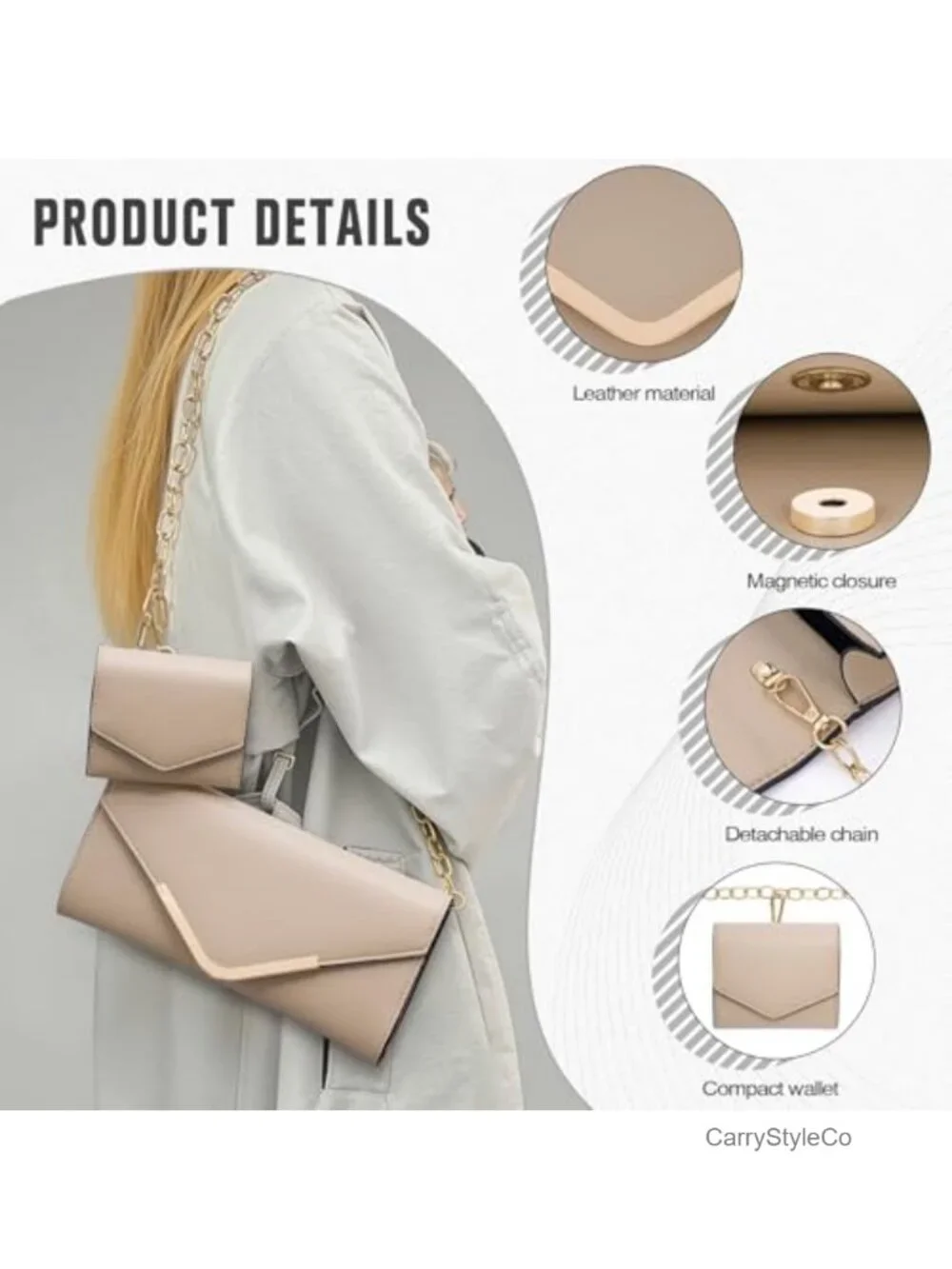 2-Piece Envelope Clutch with Chain Strap & Wallet, Faux Leather Crossbody